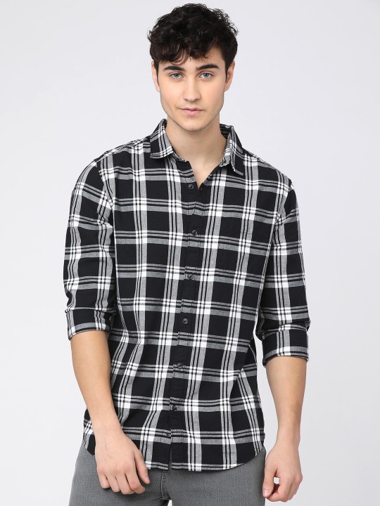 Men Black Slim Fit Tartan Checks Cotton Checked Casual Shirt